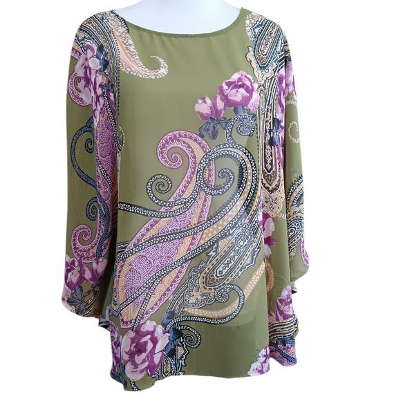 BOB MACKIE Kimono Artsy Floral Large Sheer Poncho Roses Paisley Dressy Green - Picture 6 of 10